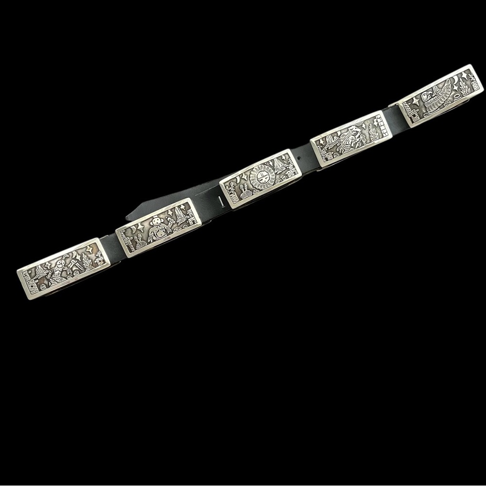 Navajo Floyd Becenti 264 gram Sterling Silver Storyteller 10 Panel Leather Belt